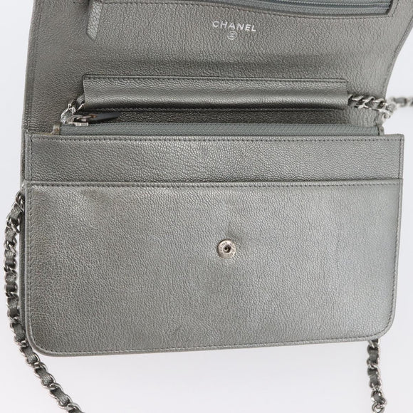 CHANEL Chain Wallet Shoulder Bag Leather Silver CC Auth ka3340SAV