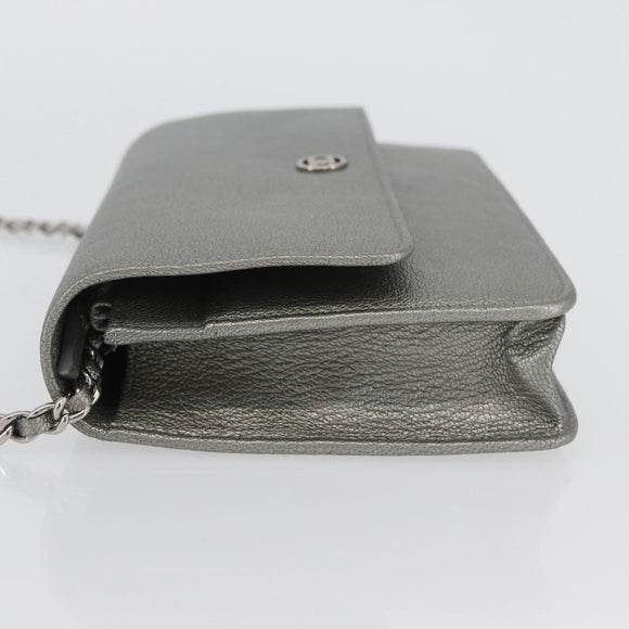 CHANEL Chain Wallet Shoulder Bag Leather Silver CC Auth ka3340SAV