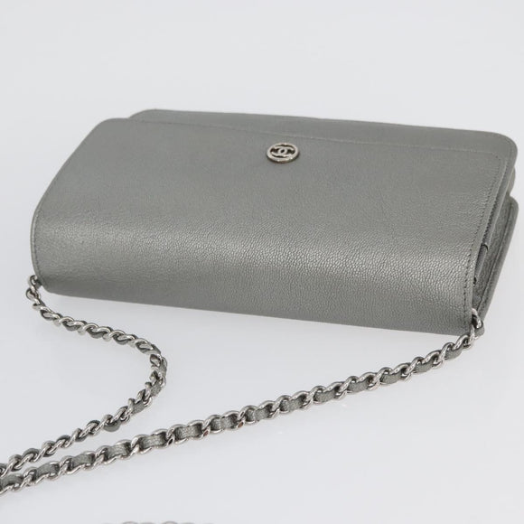 CHANEL Chain Wallet Shoulder Bag Leather Silver CC Auth ka3340SAV