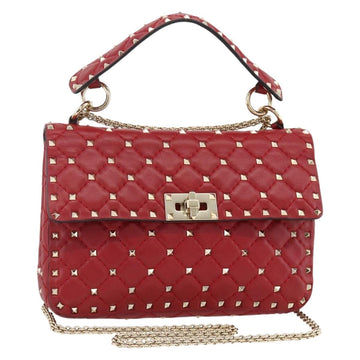 VALENTINO Chain Shoulder Bag Leather Red Gold Auth ka3349V