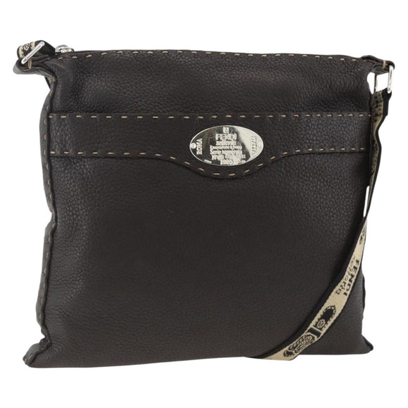 FENDI Shoulder Bag Leather Brown Silver Auth ka3356A