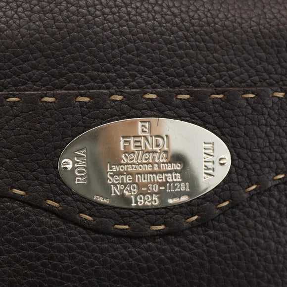 FENDI Shoulder Bag Leather Brown Silver Auth ka3356A