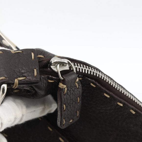 FENDI Shoulder Bag Leather Brown Silver Auth ka3356A