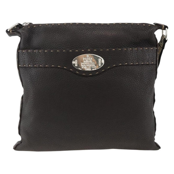 FENDI Shoulder Bag Leather Brown Silver Auth ka3356A