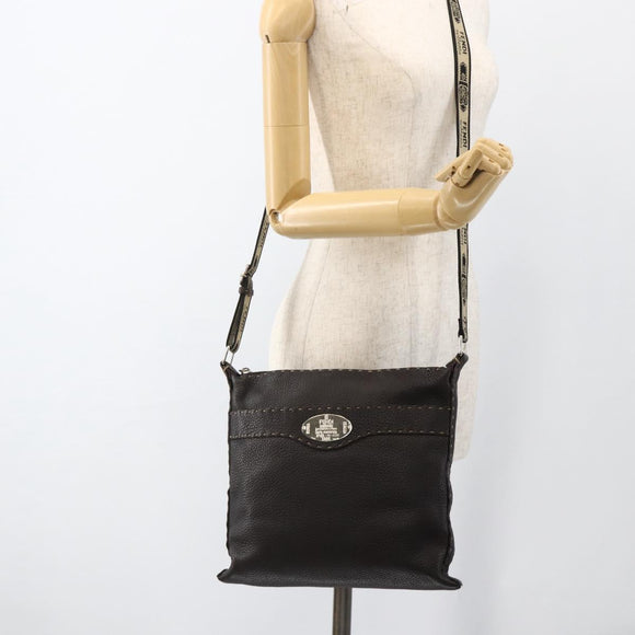 FENDI Shoulder Bag Leather Brown Silver Auth ka3356A