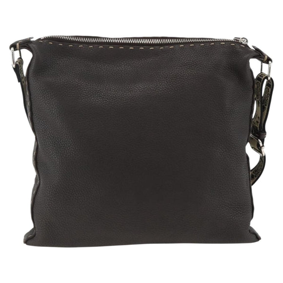 FENDI Shoulder Bag Leather Brown Silver Auth ka3356A