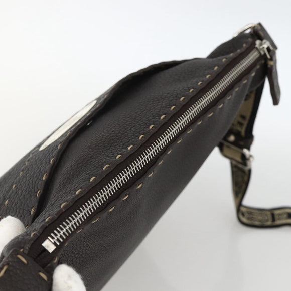 FENDI Shoulder Bag Leather Brown Silver Auth ka3356A