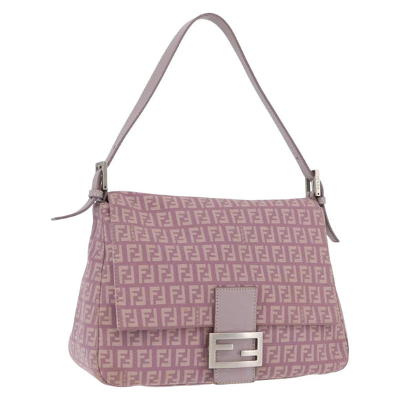 FENDI Zucchino Canvas Mamma Baguette Shoulder Bag Pink Silver Auth ka3366V