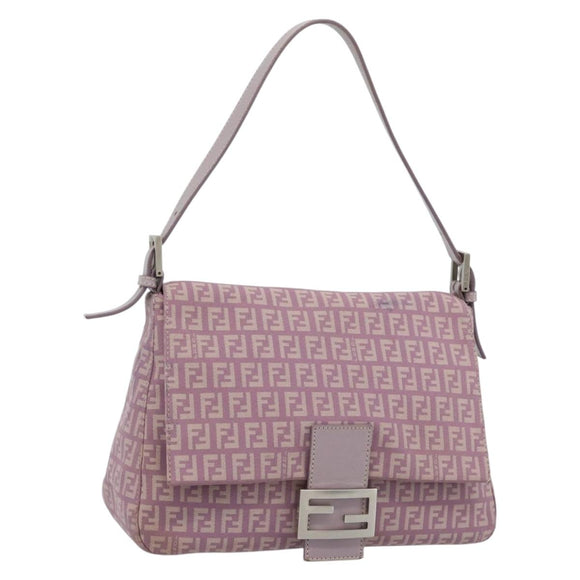 FENDI Zucchino Canvas Mamma Baguette Shoulder Bag Pink Silver Auth ka3366V