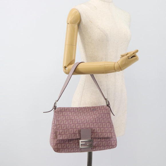 FENDI Zucchino Canvas Mamma Baguette Shoulder Bag Pink Silver Auth ka3366V