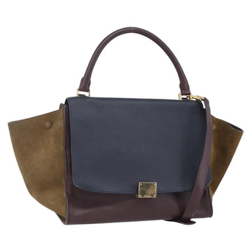 CELINE Trapeze Hand Bag Leather 2way Brown Black gold Auth ka337