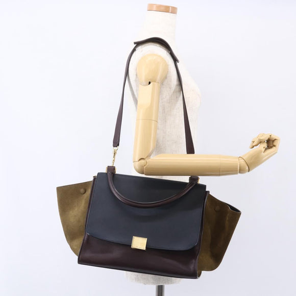 CELINE Trapeze Hand Bag Leather 2way Brown Black gold Auth ka337