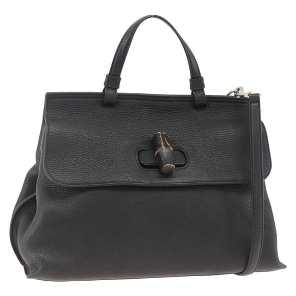 GUCCI Bamboo Hand Bag Leather 2way Black Silver 392013 Auth ka3371