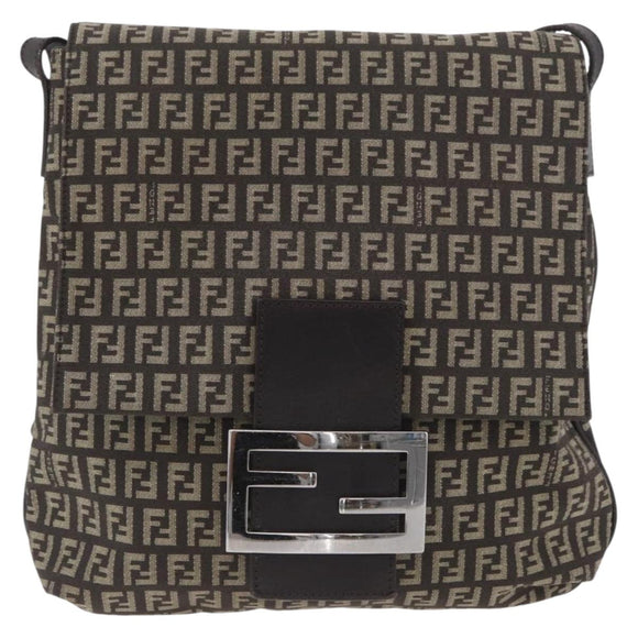 FENDI Zucchino Canvas Shoulder Bag Brown Silver Auth ka3374