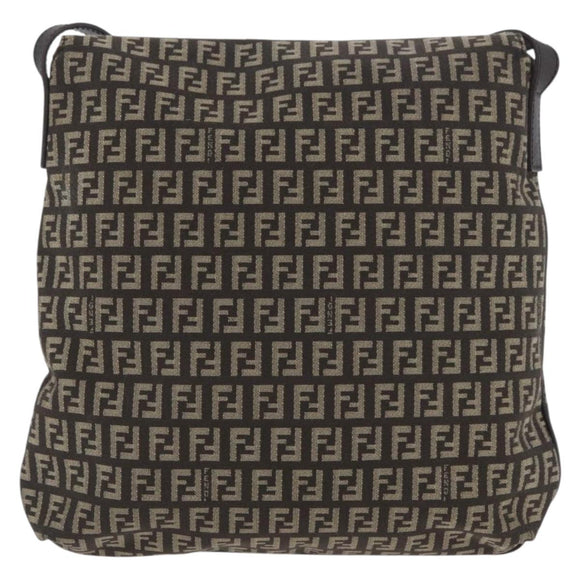 FENDI Zucchino Canvas Shoulder Bag Brown Silver Auth ka3374