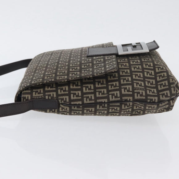 FENDI Zucchino Canvas Shoulder Bag Brown Silver Auth ka3374