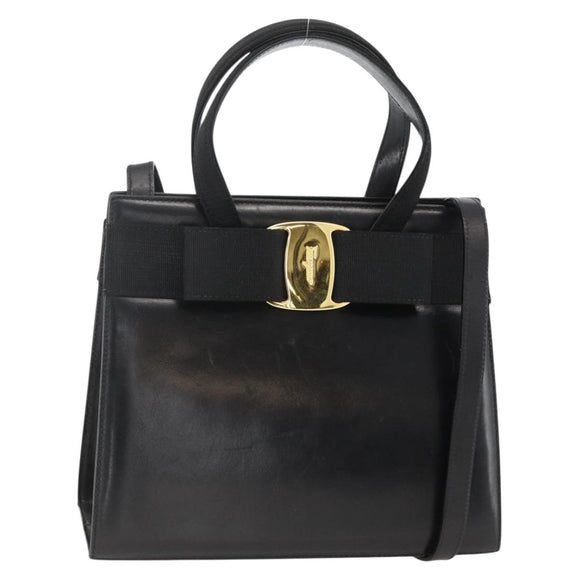 Salvatore Ferragamo Vala Ribbon Hand Bag Leather 2way Black Gold Auth ka3380
