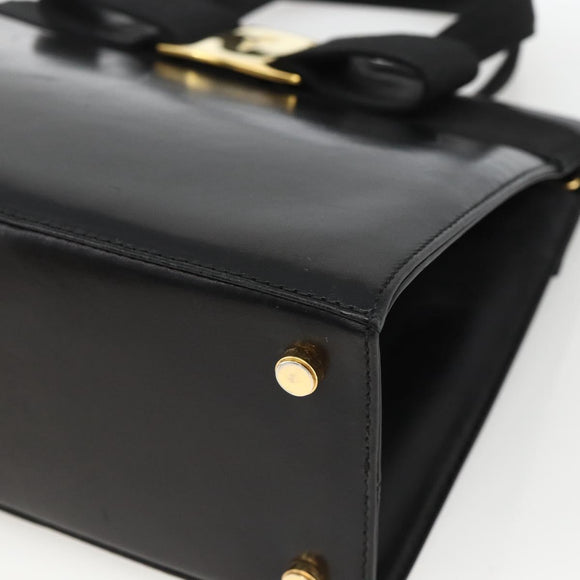 Salvatore Ferragamo Vala Ribbon Hand Bag Leather 2way Black Gold Auth ka3380
