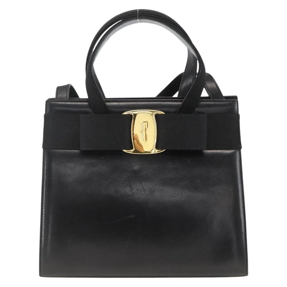 Salvatore Ferragamo Vala Ribbon Hand Bag Leather 2way Black Gold Auth ka3380