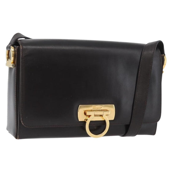 Salvatore Ferragamo Gancini Shoulder Bag Leather Brown Gold Auth ka3381