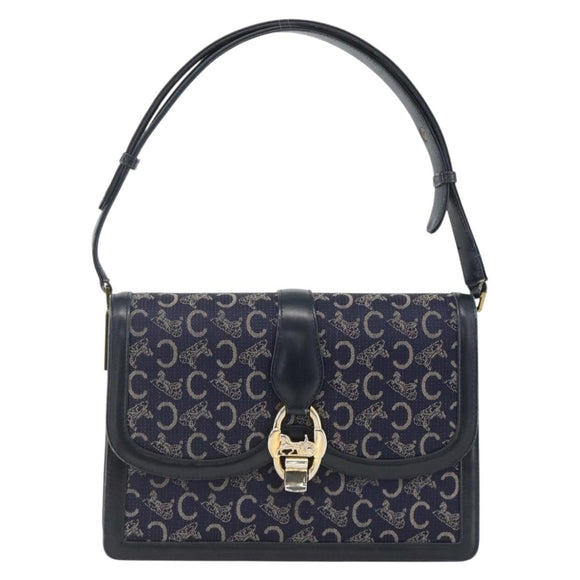 CELINE C Sulky Shoulder Bag Canvas Navy Gold Auth ka3383