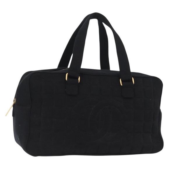 CHANEL Choco Bar Hand Bag cotton Black Gold CC Auth ka339