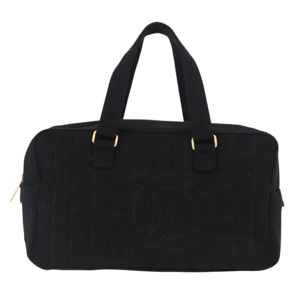 CHANEL Choco Bar Hand Bag cotton Black Gold CC Auth ka339