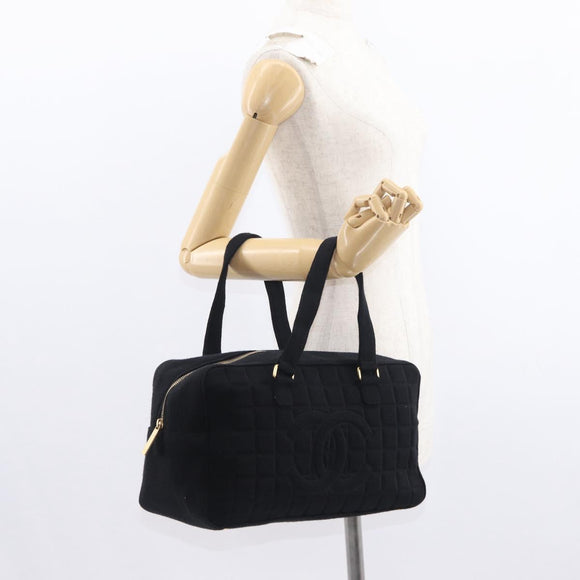 CHANEL Choco Bar Hand Bag cotton Black Gold CC Auth ka339
