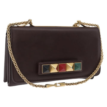 VALENTINO Chain Shoulder Bag Leather Brown Gold Auth ka3408A