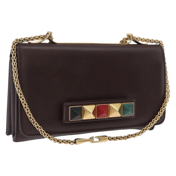VALENTINO Ketting Schoudertas Leer Bruin Goud Auth ka3408A