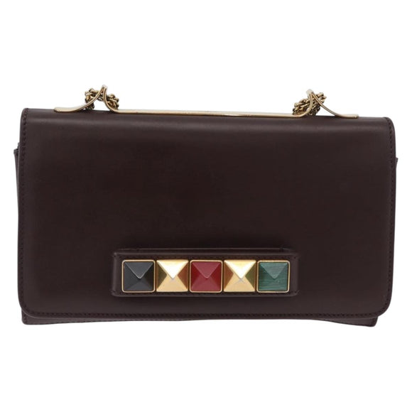 VALENTINO Ketting Schoudertas Leer Bruin Goud Auth ka3408A