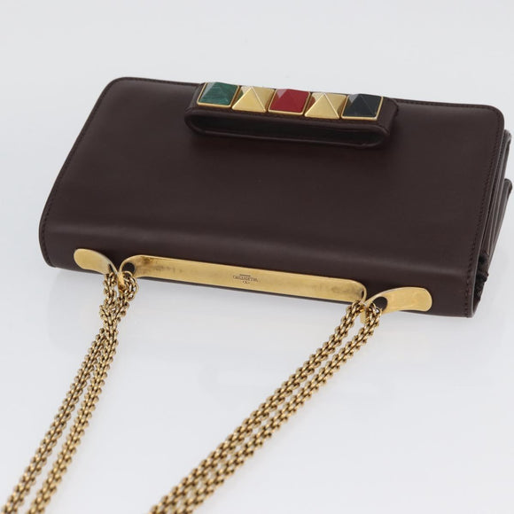 VALENTINO Ketting Schoudertas Leer Bruin Goud Auth ka3408A