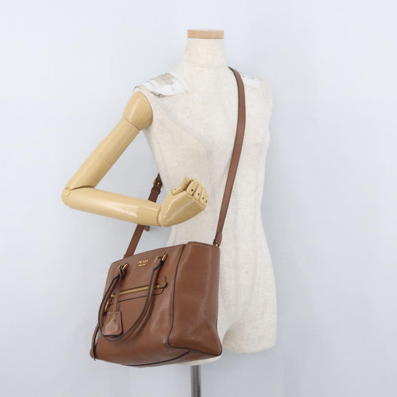 PRADA Hand Bag Leather 2way Brown Gold Auth ka3430A