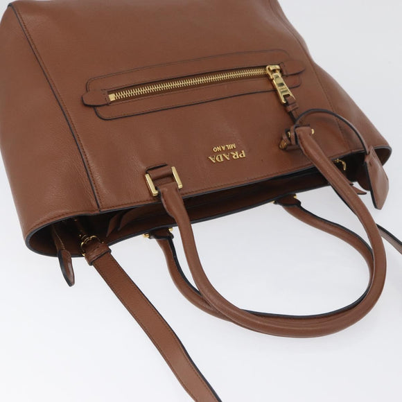 PRADA Hand Bag Leather 2way Brown Gold Auth ka3430A