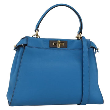 FENDI Peek A Boo Hand Bag Leather 2way Blue Gold Auth ka3444M