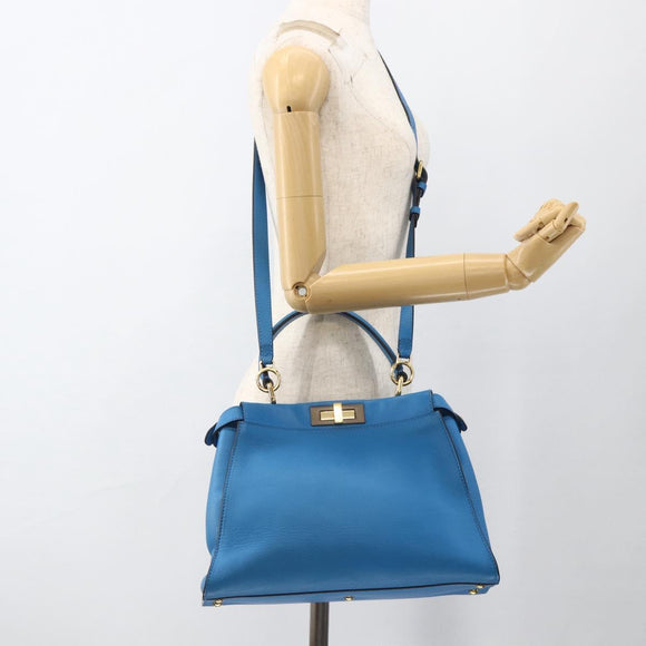 FENDI Peek A Boo Hand Bag Leather 2way Blue Gold Auth ka3444M