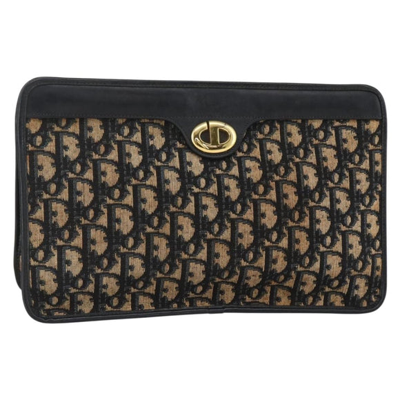Christian Dior Trotter Canvas Clutch Bag Navy Gold Auth ka3452