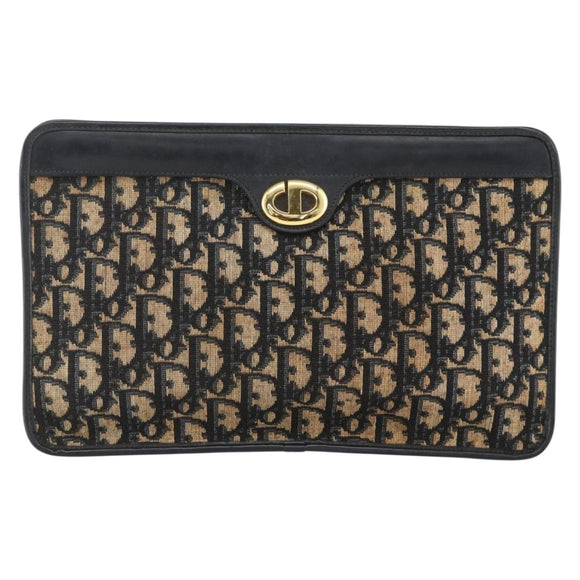 Christian Dior Trotter Canvas Clutch Bag Navy Gold Auth ka3452