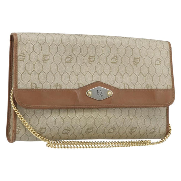 Christian Dior Honeycomb Canvas Chain Shoulder Bag PVC Beige Gold Auth ka3461