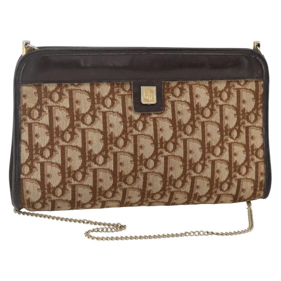 Christian Dior Trotter Canvas Chain Shoulder Bag Brown Gold Auth ka3467
