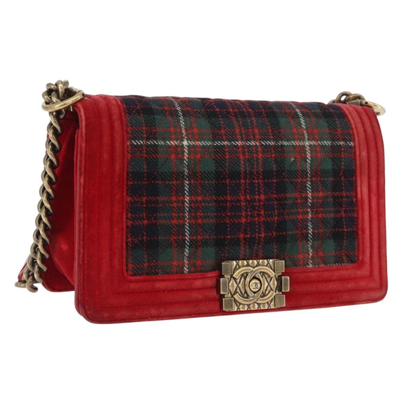 CHANEL Chain Matelasse Boy Chanel Shoulder Bag Canvas Red Gold CC Auth ka3474SAM