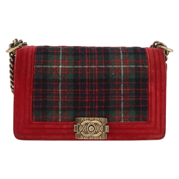 CHANEL Chain Matelasse Boy Chanel Shoulder Bag Canvas Red Gold CC Auth ka3474SAM