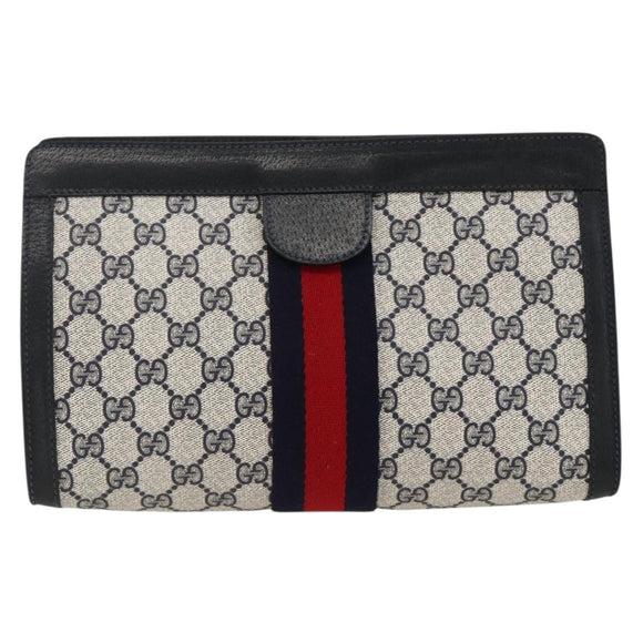GUCCI GG Supreme Sherry Line Clutch Bag PVC Navy Red 89 01 002 Auth ka3487