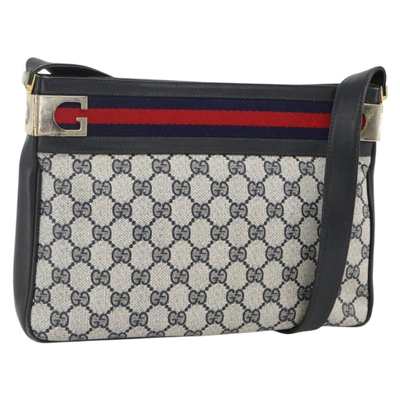GUCCI Sherry Line GG Supreme Shoulder Bag PVC Navy Gold Red Auth ka3504A