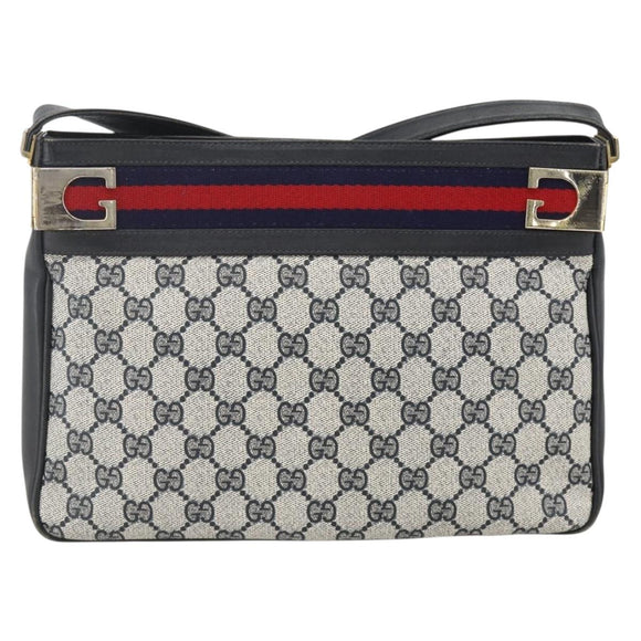 GUCCI Sherry Line GG Supreme Shoulder Bag PVC Navy Gold Red Auth ka3504A