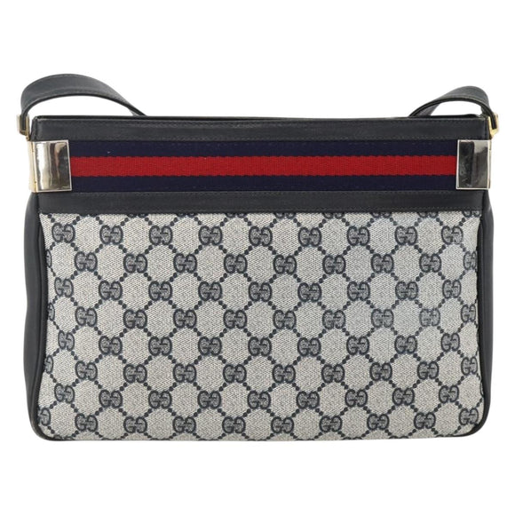 GUCCI Sherry Line GG Supreme Shoulder Bag PVC Navy Gold Red Auth ka3504A