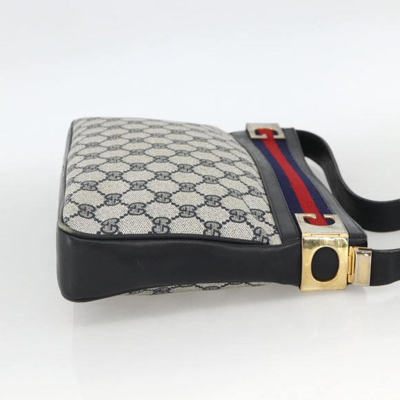 GUCCI Sherry Line GG Supreme Shoulder Bag PVC Navy Gold Red Auth ka3504A