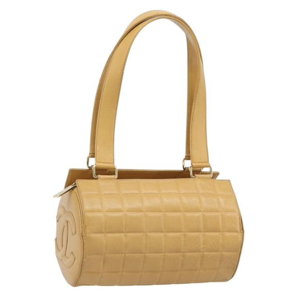 CHANEL Choco Bar Hand Bag Lamb Skin Beige Gold CC Auth ka3506