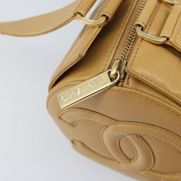 CHANEL Choco Bar Hand Bag Lamb Skin Beige Gold CC Auth ka3506