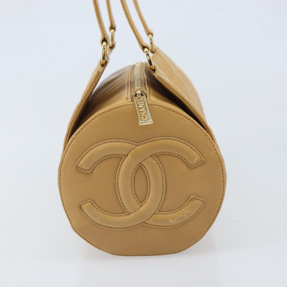CHANEL Choco Bar Hand Bag Lamb Skin Beige Gold CC Auth ka3506